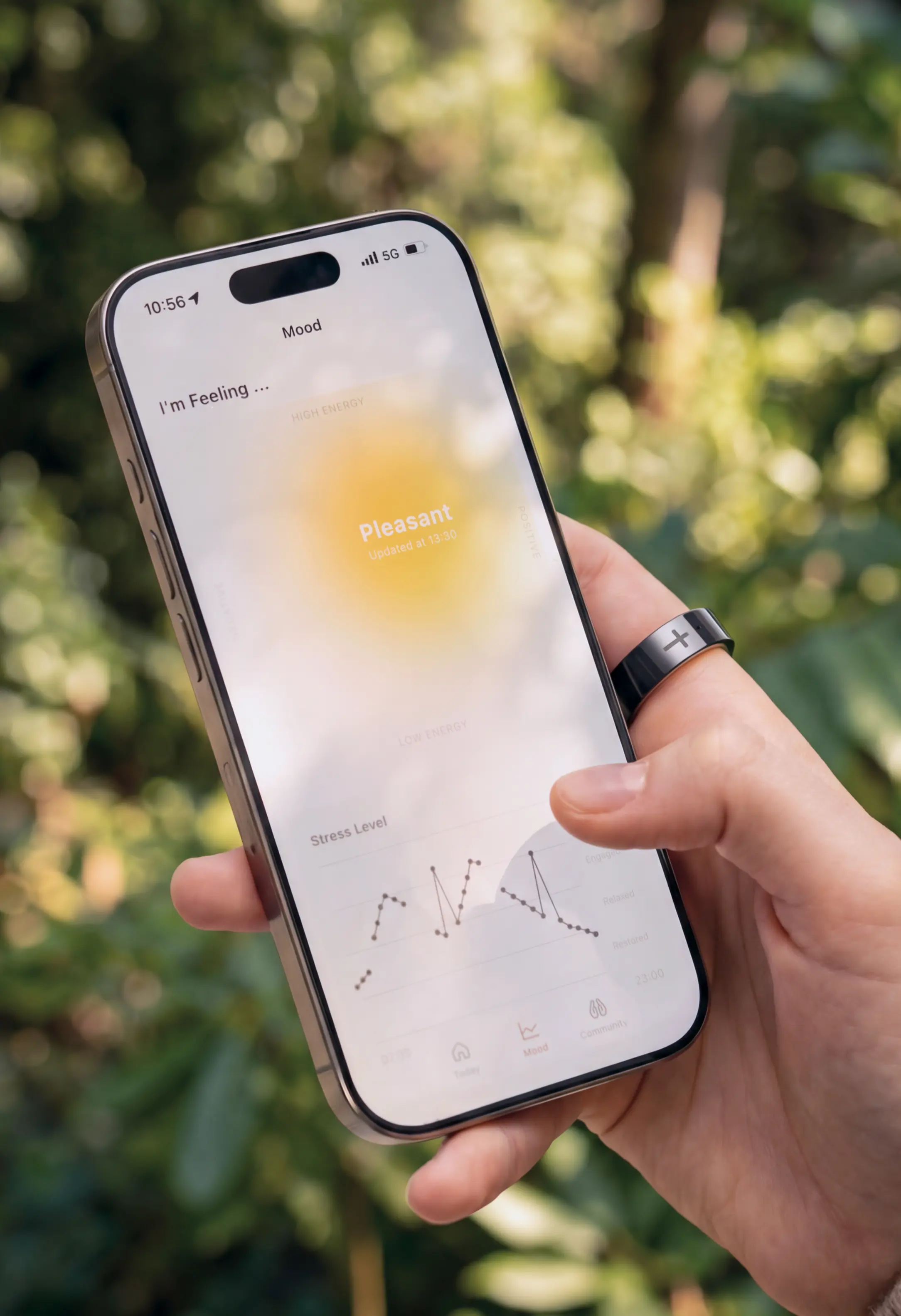 Phone showing Bless Ring app with mood and health insights