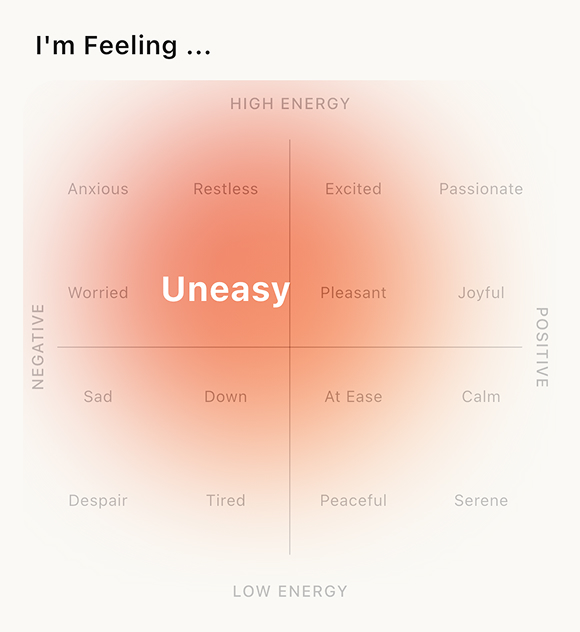 Mood app showing Uneasy state at 11:00