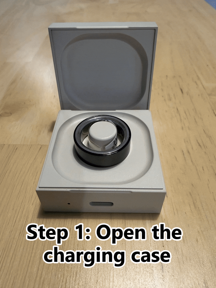 Unbox and activate: open the case, remove insulating tape, place the ring to charge
